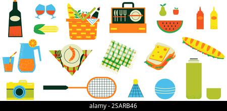 Picknick-Set. Cartoon Korb mit Obst und Getränken. Kollektion für Familienwochenende und Sommerparty. Stoffdecke und Geschirr. Speisen oder erfrischende Getränke. Vector Outdoor-Urlaubstools. Picknick-Set. Strohkorb mit Obst und Getränken. Kollektion für Familienwochenende und Sommerparty. Decke und Geschirr. Speisen oder erfrischende Getränke. Vector Outdoor-Urlaubstools Stock Vektor