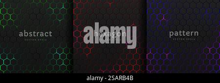 Satz von schwarzem Sechseckmuster auf leuchtend rot, blau, grünem neonfarbenen abstrakten Hintergrund im Technologiestil. Moderne futuristische geometrische Form Kollektion Vektordesign. Kann als Deckblatt, Poster verwendet werden. Stock Vektor