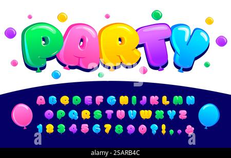 Schriftart Stücklistensymbol. Aufblasbare Buchstaben, Luftblasen-Zahlen und Ballons Schriftart für Feier Typografie Schriftzug Design Vektor Satz Alphabet Ballon Typografie, glänzende alphabetische Blase Illustration. Schriftart Stücklistensymbol. Aufblasbare Buchstaben, Farbblasen-Zahlen und Ballons Display Schriftart für Feier Typografie Schriftzug Design Vektorsatz Stock Vektor
