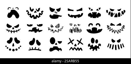 Auflagefläche. Halloween-Emotion für Kürbisse. Gruselige, böse Geisterköpfe mit wütenden Augen und gruseligem Mund. Isolierte schwarze Silhouettenschilder. Vektor niedliches Herbstkontursymbol. Auflagefläche. Halloween-Emotion für Kürbisse. Gruselige, böse Geisterköpfe mit wütenden Augen und gruseligem Mund. Schwarzes Schilderset mit Silhouette. Vektor niedliches Herbstfest Symbol Stock Vektor