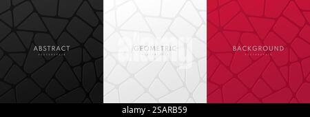 Satz abstrakter voronoi 3D-Blöcke auf schwarzem, dunkelrotem und weißem Hintergrund. Modernes futuristisches Design mit polygonalen Formen und Elementen. Minimale und saubere Textur für einfache geometrische Formen. Stock Vektor