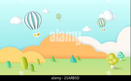 PaperCut Himmelslandschaft Banner mit Heißluftballon, Wolken aus realistischer Papierkunst. Angebot für Kinder für Rabatte im Spielwarengeschäft oder Kinderpflegeprodukte. Stock Vektor