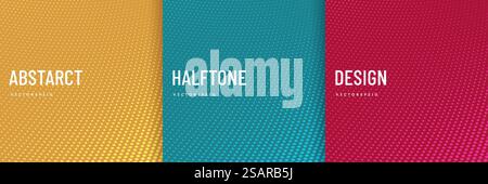 Satz abstrakter Wellenpunkte Linien Muster mit rosa, blauem, grünem, orangegelbem Hintergrund. Trendige Farbperspektive im Halbtonformat. Kann für Cover, Poster, Bannerweb, Flyer, Printwerbung verwendet werden. Stock Vektor