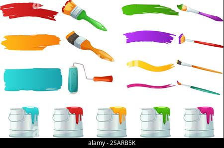 Walzen- und Farbpinsel. ?An von farbigen Farben und Pinselstrichen isolierten Elementen. Vektorsatz für Wandmalerei und Zeichnung. Eimer mit tropfender, farbenfroher, flüssiger Farbe für Renovierungsarbeiten im Innenraum. Walzen- und Farbpinsel. ?An von farbigen Farben und Pinselstrichen isolierten Elementen. Vektorsatz für Wandmalerei und Zeichnung Stock Vektor