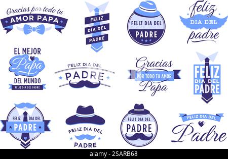 Feliz Dia del Padre-Abzeichen. Spanischer Schriftzug bedeutet "Happy Vthers Day" und herzlichen Glückwunsch Dad. Kalligraphie mit Schnurrbart- und Vaterhut-Vektorset. Daddy-Tag-Feier, festliche Feiertagstexte. Feliz Dia del Padre-Abzeichen. Spanischer Schriftzug bedeutet "Happy Vthers Day" und herzlichen Glückwunsch Dad. Kalligraphie mit Schnurrbart- und Vaterhut-Vektorset Stock Vektor