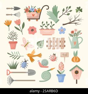 Dekorative Federelemente. Gartenarbeit Werkzeuge Büsche Blätter Pflanzen Zweige Vögel Blumen Tiere neue Vektor flache Illustration für Frühling Zeit. Geräte für Garten, Gartenbau. Dekorative Federelemente. Gartenarbeit Werkzeuge Büsche Blätter Pflanzen Zweige Vögel Blumen Tiere neue Vektor flache Illustration für Frühling Zeit Stock Vektor