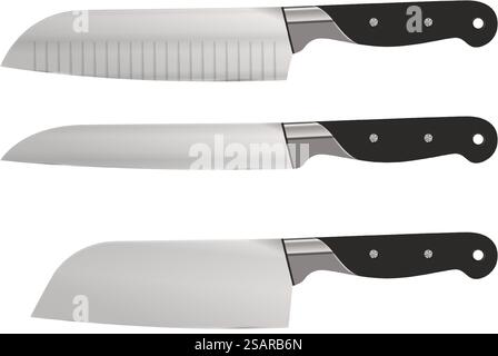Stahlmesser. 3D-Utensilien. Realistisches Küchendolchset. Haushaltswerkzeuge zum Schneiden von Lebensmitteln. Kochausrüstung mit scharfer Metallklinge und schwarzem Griff. Isolierte Küchenutensilien aus Metall. Vektorbesteck. Stahlmesser. 3D-Utensilien. Realistisches Küchendolchset. Haushaltswerkzeuge zum Schneiden von Lebensmitteln. Kochgeräte mit scharfer Metallklinge und schwarzem Griff. Küchenutensilien aus Metall. Vektorbesteck Stock Vektor