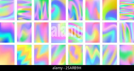 Holographische Hintergründe. Holo-Verlaufsgitter, schillernde Perlenfarben und glatte surreale Hintergründe Vektor-Set. Abstrakte Kollektion in Pastellfarben und Neonfarben, farbenfrohe Texturillustration. Holographische Hintergründe. Holo-Verlaufsgitter, schillernde Perlenfarben und glatte surreale Hintergründe Vektor-Set Stock Vektor