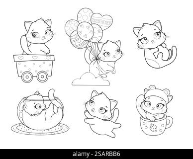 Vektor-Set der niedlichen Cartoon-Art Katze in verschiedenen Posen. Tierfigurenillustration für Kinder. Handgezeichnete Linienzeichnungen von lustigen Kätzchen. Große Auswahl an Haustieren für Kinder, Färben, Animation. Stock Vektor