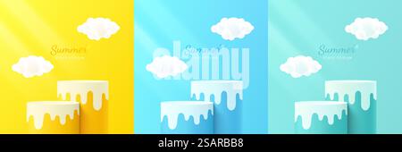 Set aus gelbem, blauem und grünem, realistischem 3D-Zylinder-Podium mit Wolken im Sommer-Konzept. Abstrakter Vektor, der geometrische Formen wiedergibt. Pastell Minimal Szene. Bühnenpräsentation, Modellvorstellung Produktpräsentation. Stock Vektor