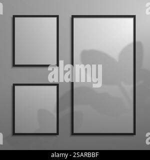 Realistische Rahmen. 3D-Poster mit floralem Schatteneffekt. Leere Rahmen hängen an der Wand und Pflanzenschatten. Minimale quadratische Bildcollage. Schwarze Ausstellungsgrenzen. Vektor-Innenschablone. Realistische Rahmen. 3D-Poster mit Schattenüberlagerung. Leere Rahmen hängen an der Wand und Pflanzenschatten. Collage mit quadratischen Bildern. Schwarze Ausstellungsgrenzen. Vektor-Innenschablone Stock Vektor