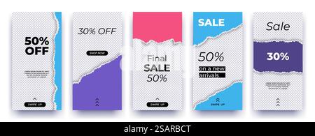 Medien-Banner, die in sozialen Medien bearbeitet werden können. Story Sale Swipe-up-Vorlage. Vertikale Werbeplakate für Netzwerke. Quadratische Rabattflyer. Vektorüberlagerung von gerissenen farbigen und leeren Blättern mit Kopierraum. Medien-Banner, die in sozialen Medien bearbeitet werden können. Story Sale Swipe-up-Vorlage. Werbeplakate für Netzwerke. Rabattflyer. Vektorüberlagerung von gerissenen farbigen und leeren Blättern mit Kopierraum Stock Vektor