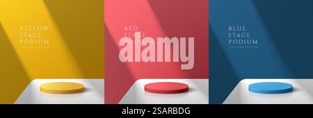 Set aus realistischem Podest aus gelbem, dunkelblauem und rotem 3D-Zylinder auf weißem Tisch in abstrakten Räumen. Vektor, der geometrische Formen wiedergibt. Farbenfrohe Minimalszene. Bühne für Showcase, Produktanzeige. Stock Vektor