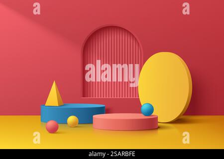Abstrakter 3D-Raum mit realistischem geometrischem Podest in Blau, Gelb und Rot und Bogenfenster. Minimale Szene für Produktpräsentationen. Geometrische Plattformkonstruktion des Vektors. Bühnenpräsentation. Stock Vektor