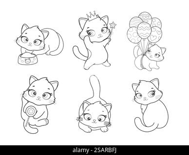 Vektor-Set der niedlichen Cartoon-Art Katze in verschiedenen Posen. Tierfigurenillustration für Kinder. Handgezeichnete Linienzeichnungen von lustigen Kätzchen. Große Auswahl an Haustieren für Kinder, Färben, Animation. Stock Vektor