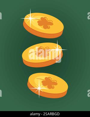 Eine skurrile Vektor-Illustration mit fliegenden Kobaltmünzen, die mit einem vierblättrigen Kleeblatt verflochten sind. Die Münzen schimmern vor Gold und symbolisieren Glück A Stock Vektor
