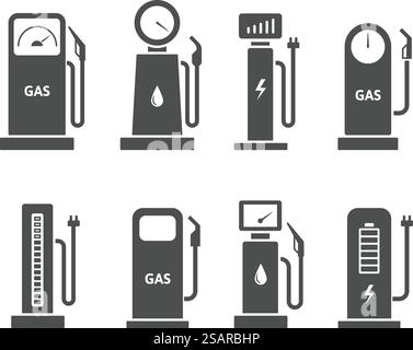 Symbole für die Tankstelle. Symbol-Vektorsatz für Gas- und Benzinpumpe, Ladegerät für Elektrofahrzeuge und Nachfüllen von Kraftstoff. Silhouette von Ladegeräten für Erdöl- und Elektrobatterien. Symbole für die Tankstelle. Symbol-Vektorsatz für Gas- und Benzinpumpe, Ladegerät für Elektrofahrzeuge und Nachfüllen von Kraftstoff Stock Vektor