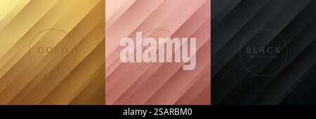 Set aus abstraktem Hintergrund in Gold, Schwarz und Roségold mit dynamischen diagonalen Streifen und Schatten. Luxuriöses und elegantes Konzept. Modernes und einfaches Design für Bannervorlagen. EPS10-Vektor Stock Vektor