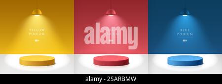 Set aus realistischem Podest mit 3D-Zylinder in abstrakten Räumen mit aufgehängten Neonlampen in Gelb, Dunkelblau und Rot. Vektor, der geometrische Formen wiedergibt. Minimale Szene. Bühne für Showcase, Produktanzeige. Stock Vektor