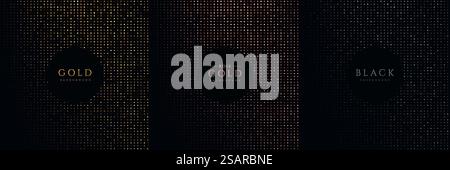 Set aus leuchtenden goldenen, silbernen, rosa goldenen Punkten Glitzerlicht auf schwarzem Hintergrund. Kollektion aus luxuriösem und elegantem Halbtonmuster mit Kopierraum. Vektordesign für Cover-Vorlage, Banner, Printwerbung. Stock Vektor
