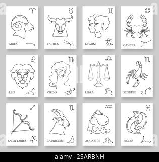 Durchgehende einzeilige Tierkreiszeichen. Minimalistische Horoskop-Karten mit Tierkreissymbol, Illustration und Konstellationsvektor-Umrisskunstsatz. Astrologische Zeichen wie Aries, Taurus, Leo und gemini. Durchgehende einzeilige Tierkreiszeichen. Minimalistische Horoskop-Karten mit Tierkreissymbol, Illustration und Konstellationsvektor-Umrisskunstsatz Stock Vektor