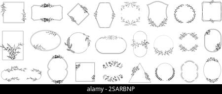 Blumenrahmen. Minimalistische Formen Grenzen Designs mit blühenden Blumen, Hand gezeichnete Blätter und Skizze Zweig Ornamente Vektor Vorlage Set. Elegante, luxuriöse Vorlagen mit Laub und Blüte. Blumenrahmen. Minimalistische Formen Grenzen Designs mit blühenden Blumen, Hand gezeichnete Blätter und Skizze Zweig Ornamente Vektor Vorlage Set Stock Vektor