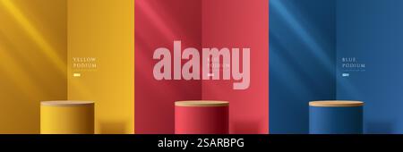 Set aus gelbem, dunkelblauem, rotem und hölzernem 3D-Zylinder-Podium in abstrakten Räumen mit Fensterbeleuchtung. Bühne für Showcase, Produktanzeige. Vektor, der geometrische Formen wiedergibt. Minimale Szene. Stock Vektor