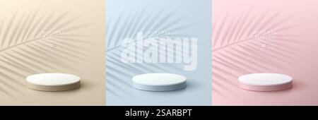 Set aus realistischem abstraktem 3D-Hintergrund in Beige, Blau und Rosa mit Podest. Minimale Szene mit Palmenblattschatten. Vektor-Rendering geometrischer Form. Bühnenpräsentation, Modellvorstellung Produktpräsentation. Stock Vektor