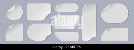 Gewellter Papieraufkleber. Realistische weiße Werbeblätter mit gerollter Ecke. Leere gekrümmte runde und quadratische 3D-Notizen mit Kopierraum. Leere Seiten auf transparentem Hintergrund. Vector Clean-Etiketten. Gewellter Papieraufkleber. Realistische weiße Werbeblätter mit gerollter Ecke. Gekrümmte runde und quadratische 3D-Notizen mit Kopierraum. Leere Seiten auf transparentem Hintergrund. Vektorbeschriftungen Stock Vektor