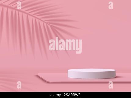Abstrakter rosafarbener 3D-Raumhintergrund mit realistischem weißem Zylinderpodest, Palmblattschattenüberlagerung. Minimale Wandszene für Modellproduktanzeige. Geometrische Formen. Showcase auf der Sommerbühne. Stock Vektor