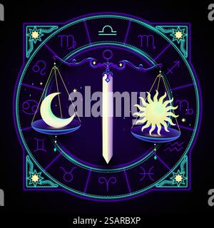 Libra-Sternzeichen, dargestellt durch ein Paar Schwertwaagen, um Mond und Sonne auf jeder Seite zu wiegen. Neonhoroskop-Symbol im Kreis mit anderen astrologischen Schildern. Neon-Sternzeichen Libra Stock Vektor