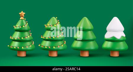 3D-Illustration von Weihnachtsbäumen. Feiertagselemente isoliert auf grünem Hintergrund. Zwei mit wunderschönen Ornamenten, einer mit Schnee bedeckt und einer ohne... 3D-Weihnachtsbaum-Set Stock Vektor