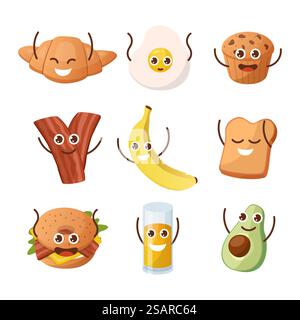 Frühstücksfiguren. Morgenessen mit lustigen Kritzelgesichtern. Süßes Kawaii Maskottchen Clipart. Fröhliche Banane und Avocado mit Begrüßungsgesten. Lächelndes Croissant oder ein Glas Saft. Vektor-Mittagessen Snacks Set. Frühstücksfiguren. Morgenessen mit lustigen Kritzelgesichtern. Kawaii Maskottchen Clipart. Banane und Avocado mit Begrüßungsgesten. Lächelndes Croissant oder ein Glas Saft. Vektor-Mittagessen Snacks Set Stock Vektor