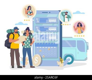 Reisende Paare kaufen Busfahrkarte für die Reise mit Online Service App in mobile Vektor Illustration. Planung touristischer Routen, kontaktloses Zahlungskonzept. Reisende Paare nutzen die Online-Service-App für Busfahrkarten auf dem Handy Stock Vektor