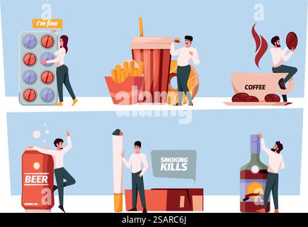 Schlechte Angewohnheiten. Erwachsene Alkoholismus Drogen und verschiedene Süchte männliche und weibliche Glücksspielspieler grellen Vektor flache Konzept Bilder Set. Ilustration von Drogensucht und ungesundem Rauchen. Schlechte Angewohnheiten. Erwachsene Alkoholismus Drogen und verschiedene Süchte männliche und weibliche Glücksspielspieler grellen Vektor flache Konzept Bilder Set Stock Vektor