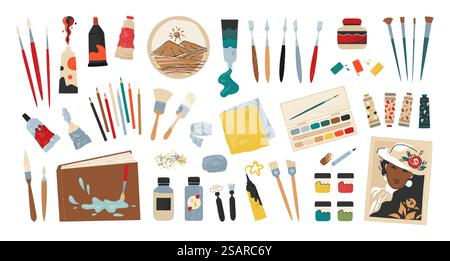 Lackiermittel. Zeichentrickkünstler Accessoires und Werkzeugsammlung zum Zeichnen. Professionelle Acryl- oder Aquarellfarben. Bilderalben. Isolierte Pinsel und Bleistifte. Vektor-Maler-Instrumentensatz. Lackiermittel. Zeichentrickzubehör und Werkzeugsammlung zum Zeichnen. Professionelle Acryl- oder Aquarellfarben. Bilderalben. Pinsel und Bleistifte. Vektor-Maler-Instrumentensatz Stock Vektor