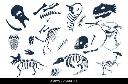 Dinosaurier Knochen, Skelette und Schädel Fossilien Set. Alte Kreatur Monster Silhouette prähistorische archäologische Fußabdruck Vektor Illustration. Dinosaurier Knochen, Skelette und Schädel Fossilien Set Stock Vektor