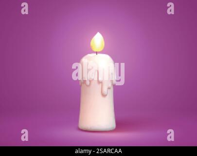 3D-Illustration einer weißen Kerze mit brennender Flamme. Isoliert auf violettem Hintergrund. 3D brennende weiße Kerze Stock Vektor