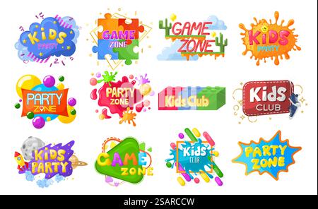 Kinder Party Emblem, Logo, Banner Set, flache Vektorillustration isoliert auf weißem Hintergrund. Kinderspielplatz, Spielzimmer, Spielzimmeretiketten. Kids Club, Spielzone Dekoration... Kinder Party Emblem, Logo, Banner, Etikett Set, flache Vektor isolierte Illustration. Dekoration für Kinderclub. Stock Vektor