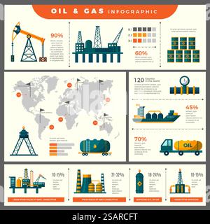 Infografik zur Erdölproduktion. Technische Symbole für Informationen über industrielle Ölleitungen aus Vektorvorlagen für Petroleumvektoren. Infografik zur Benzinindustrie. Infografik zur Erdölproduktion. Technische Symbole für Business-Plakat-Informationen von Öl-Industrie-Energie-Rohrleitungen aus Erdöl aktuelle Vektorvorlagen mit Platz für Text Stock Vektor