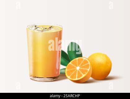 Eiskalter Orangensaft im Trinkglas mit frischen Orangen in 3D-Illustration. Isoliert auf beigefarbenem Hintergrund. Frischer Orangensaft mit Obst Stock Vektor