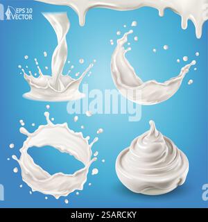 Vektorsammlung realistischer Milchspritzer oder Wellen mit Tropfen. Schüssel Sahne oder Joghurt, milchiges Dessert. Kronenförmige Flüssigkeitswirbel, Fluss frischer Milch. Isolierter 3D-Satz. Vektorsammlung realistischer Milchspritzer oder Wellen mit Tropfen. Schüssel Sahne oder Joghurt, milchiges Dessert. Kronenförmige Flüssigkeitswirbel, Fluss frischer Milch. Isolierter Satz für 3D-Elemente Stock Vektor