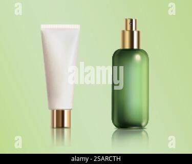 3D-Darstellung von Kosmetikbehältern, einschließlich weißem Kunststoffrohr und grüner Dosierpumpe aus Glas. Isoliert auf grünem Hintergrund... 3D-Kosmetikbehälterset Stock Vektor