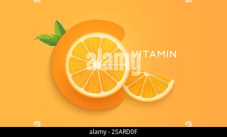 Vitamin-C-Tablettenbanner mit Orangenfrüchten. Zitrusscheiben auf einfachem orangefarbenen Hintergrund. Gesundheit, Immunität und Schönheitskonzept. Vektorabbildung Stock Vektor