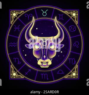 Stier-Tierkreiszeichen dargestellt durch das Gesicht eines Stiers. Neonhoroskop-Symbol im Kreis mit anderen astrologischen Schildern. Neon-Tierkreiszeichen Stier Stock Vektor