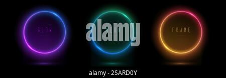 Neonkreis-Rahmenset. Blaue, rosa, grüne, gelbe runde Leuchtrahmen. Abstrakter Hintergrund mit leuchtenden Farben. Sammlung von leuchtenden Neonlichtern auf schwarzem Hintergrund Stock Vektor