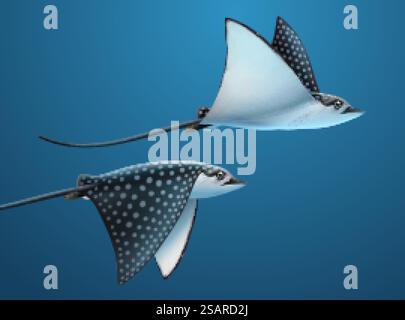 Realistische Stachelrochen, die sich unter tiefem Wasser seitlich schlagen, 3D-Illustration. Realistisches Stachelrochen-Set Stock Vektor