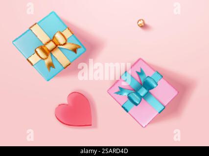 3D-Illustration von zwei verpackten Geschenkboxen, einer kleinen Metallkugel und einer roten Herzdekoration isoliert auf rosa Hintergrund in flacher Lage. 3D-Geschenkschachteln und rotes Herz Stock Vektor