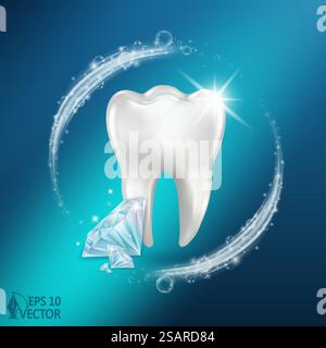 Realistischer weißer glänzender Zahn, Kristallaufhellung, glühender Diamant, Zahnwerbung, 3D-Vektor-Symbol. Realistischer weißer glänzender Zahn, Kristallaufhellung, glühender Diamant, Zahnwerbung, 3D-Vektor-Illustration Stock Vektor
