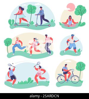 Sportmenschen männliche Zeichentrickfiguren Radfahren, Badminton spielen, laufen, Rollschuhlaufen, Yoga machen, reiten Kick Roller, Vektor flache isolierte Illustration. Im Sommer sportliche Aktivitäten im Freien. Leute, die Sport treiben, Vektorflache isolierte Illustration Stock Vektor